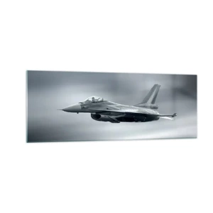 Impression sur verre - Image sur verre - Un avion de chasse en vol contre un ciel nuageux - 140x50cm - Acceptez-vous le défi? - Décoration murale moderne pour le salon et la chambre ARTTOR