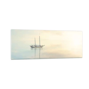 Impression sur verre - Image sur verre - Un bateau sur une mer calme dans une douce lumière - 140x50cm - Dans une mer de silence - Décoration murale moderne pour le salon et la chambre ARTTOR