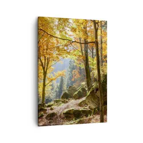 Impression sur toile - Image sur toile - Une forêt d'automne pleine de feuilles dorées et de soleil - 50x70cm - Il est temps de se détendre - Décoration murale moderne pour le salon et la chambre ARTTOR