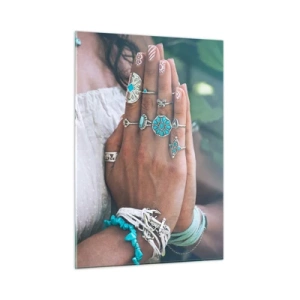 Impression sur verre - Image sur verre - Mains de femme portant des bijoux bohèmes - 50x70cm - Bienvenue au centre du bien-être - Décoration murale moderne pour le salon et la chambre ARTTOR