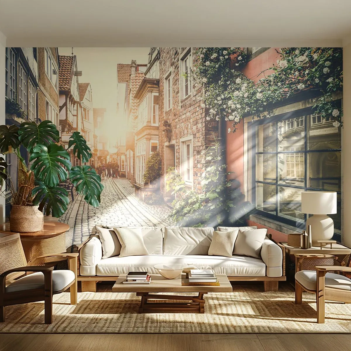 Papier Peint Photo Premium Sand - Une rue historique dans la lueur du soleil couchant - 100x70cm - Allée de roses en lueur rose - Décoration murale moderne pour le salon et la chambre ARTTOR
