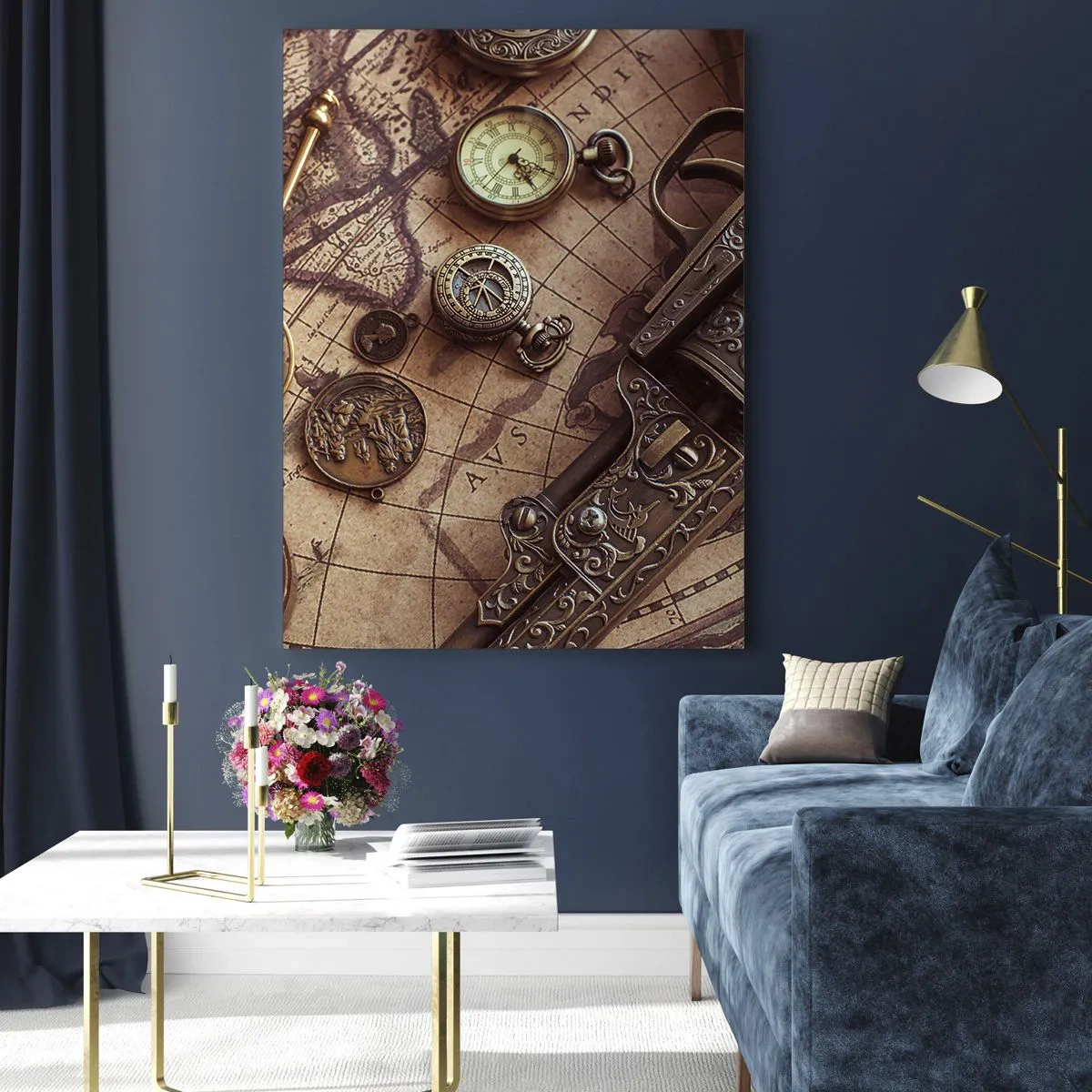 Impression sur verre - Image sur verre - Objets anciens sur une vieille carte dans un style rétro - 80x120cm - L'aventure appelle - Décoration murale moderne pour le salon et la chambre ARTTOR