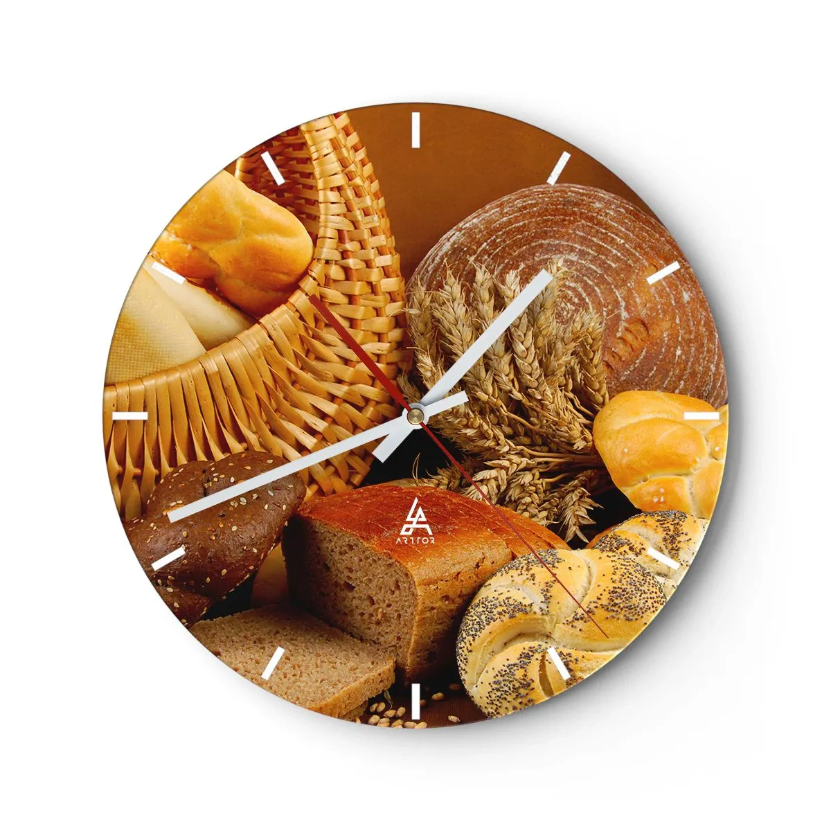 Horloge murale - Pendule murale - Une composition de pain et de céréales dans un panier rustique - 30x30cm - On s'en est encore sorti - Décoration murale moderne pour le salon, la cuisine et la chambre ARTTOR