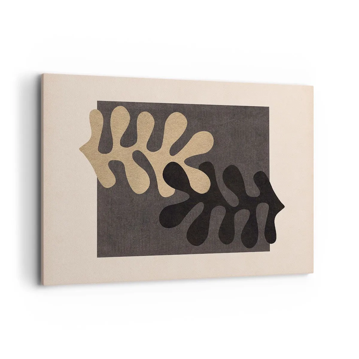 Impression sur toile - Image sur toile - Feuilles abstraites en noir et beige sur un fond rectangulaire - 120x80cm - Absence et complément - Décoration murale moderne pour le salon et la chambre ARTTOR