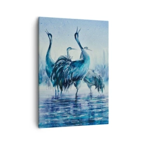 Impression sur toile - Image sur toile - Grues sur fond de brouillard et d'eau dans des tons bleus - 50x70cm - Réunion matinale - Décoration murale moderne pour le salon et la chambre ARTTOR