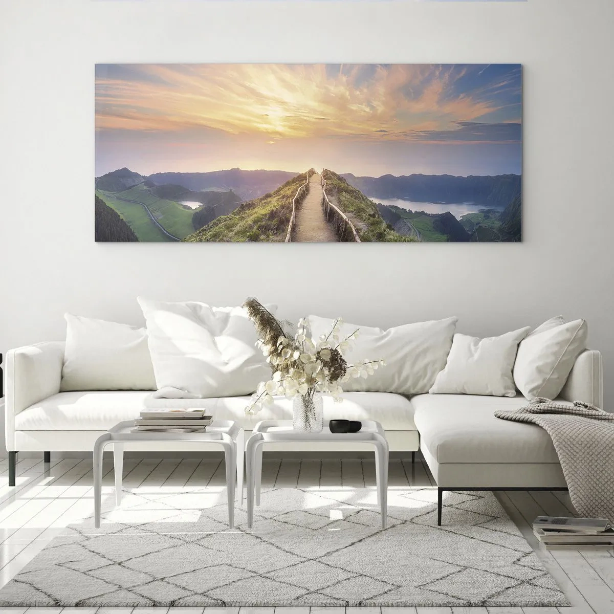 Impression sur verre - Image sur verre - Un sentier pittoresque sur une colline avec vue sur le coucher de soleil - 160x50cm - Proche du ciel - Décoration murale moderne pour le salon et la chambre ARTTOR