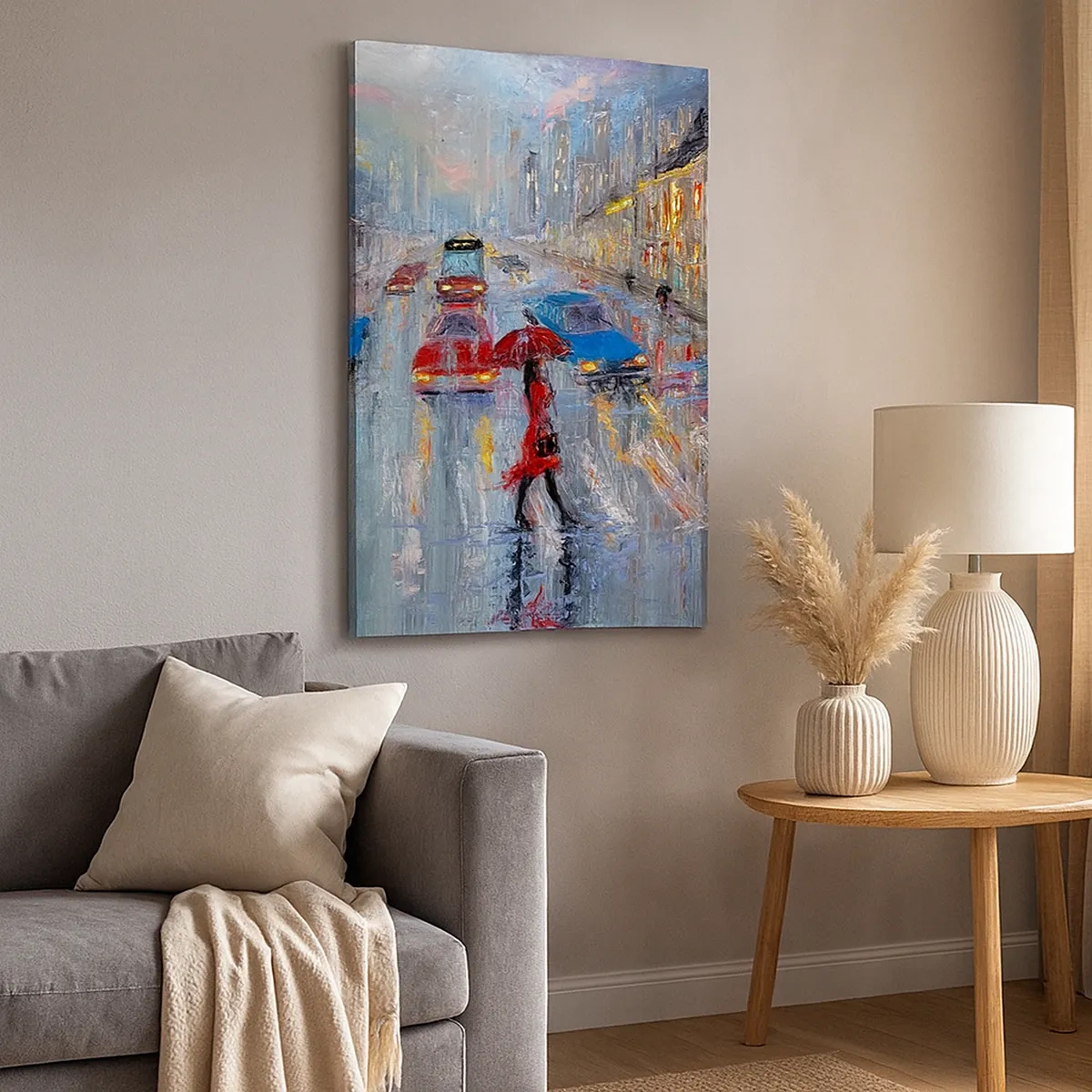 Impression sur toile - Image sur toile - Une femme avec un parapluie dans une rue pluvieuse à la lumière du néon. - 50x70cm - Après-midi pluvieux en ville - Décoration murale moderne pour le salon et la chambre ARTTOR