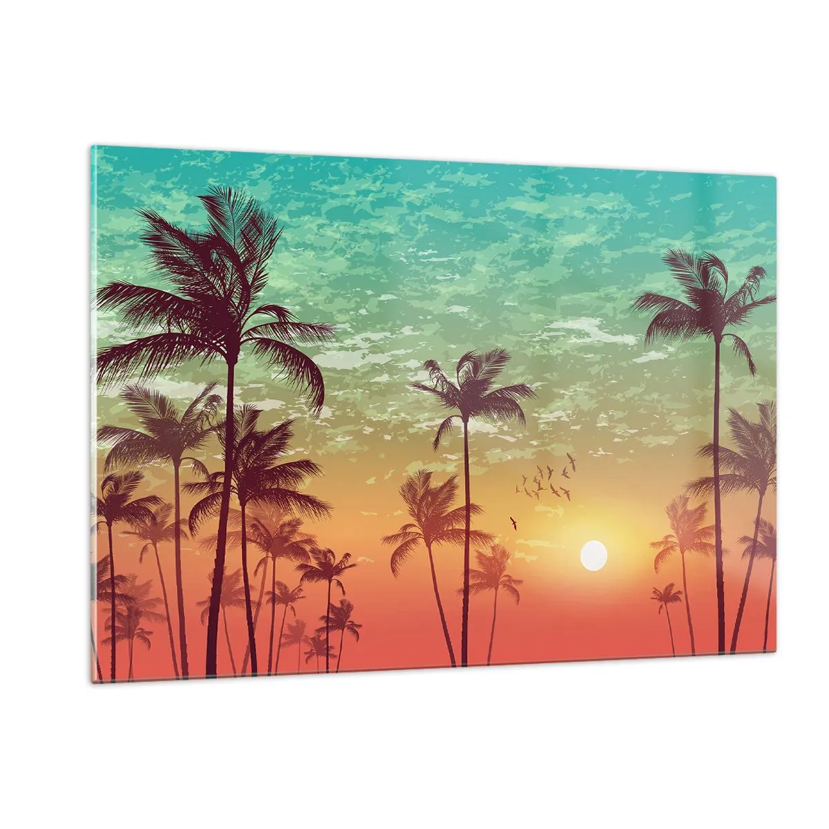 Impression sur verre - Image sur verre - Illustration de palmiers au coucher du soleil - 120x80cm - Ambiance tropicale - Décoration murale moderne pour le salon et la chambre ARTTOR