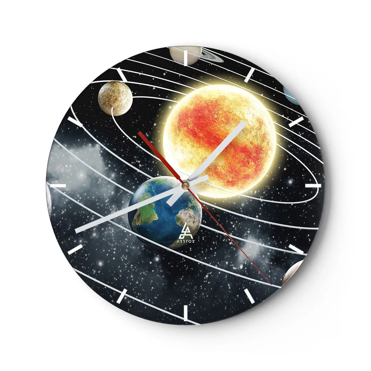 Horloge murale - Pendule murale - Le système solaire avec le Soleil et les orbites planétaires visibles - 30x30cm - Danse cosmique - Décoration murale moderne pour le salon, la cuisine et la chambre ARTTOR