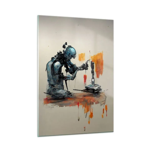 Impression sur verre - Image sur verre - Un robot peignant une main mécanique sur un fond abstrait. - 50x70cm - Déjà demain… - Décoration murale moderne pour le salon et la chambre ARTTOR