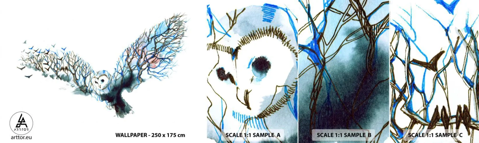 Échantillon de Papier Peint Autocollant Deluxe Sticker - Sur les ailes de la forêt - Abstraction, Hibou, Oiseau - 100x30 cm