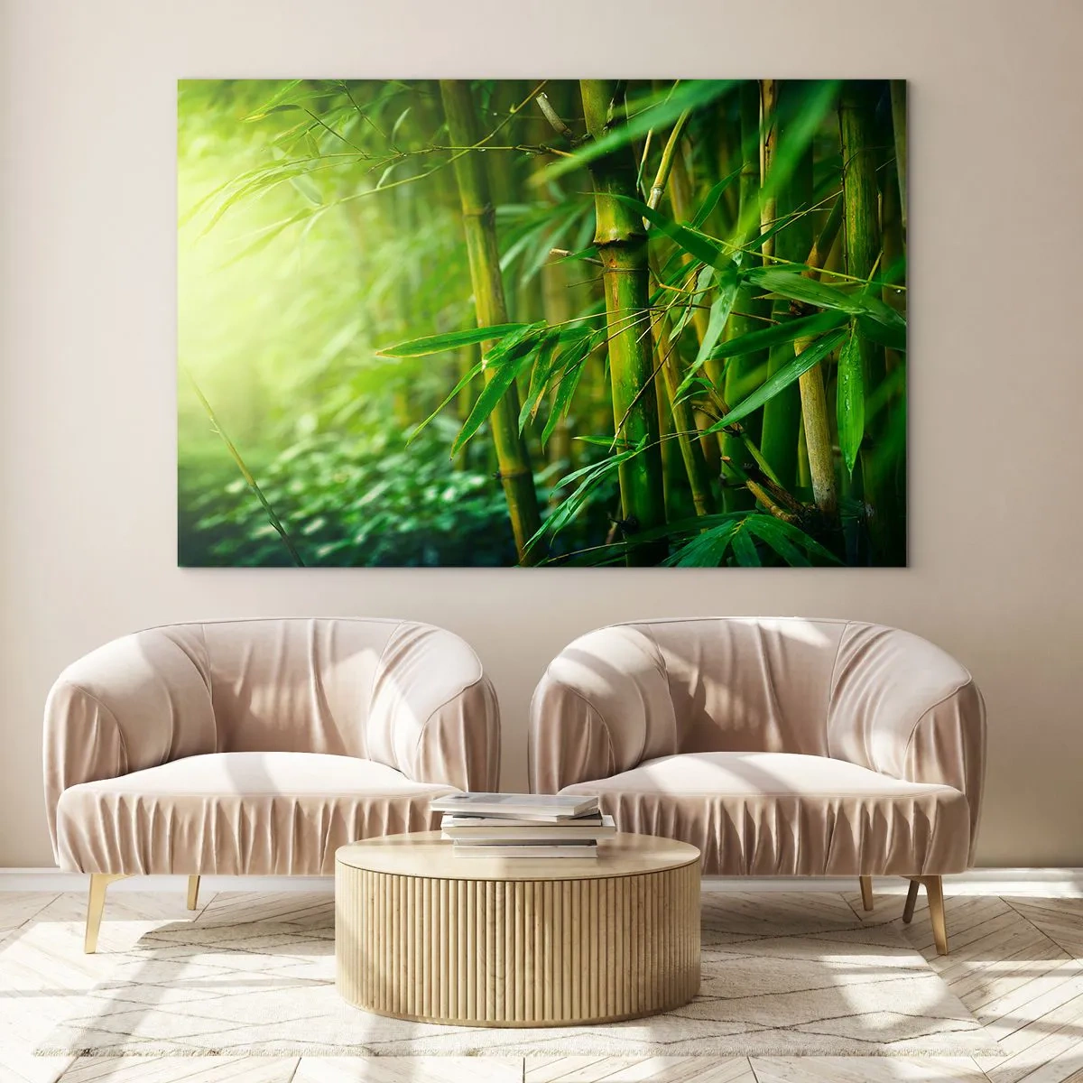 Impression sur verre - Image sur verre - Forêt de bambous verts au soleil - 70x50cm - Apprenez à connaître le vert lui-même - Décoration murale moderne pour le salon et la chambre ARTTOR