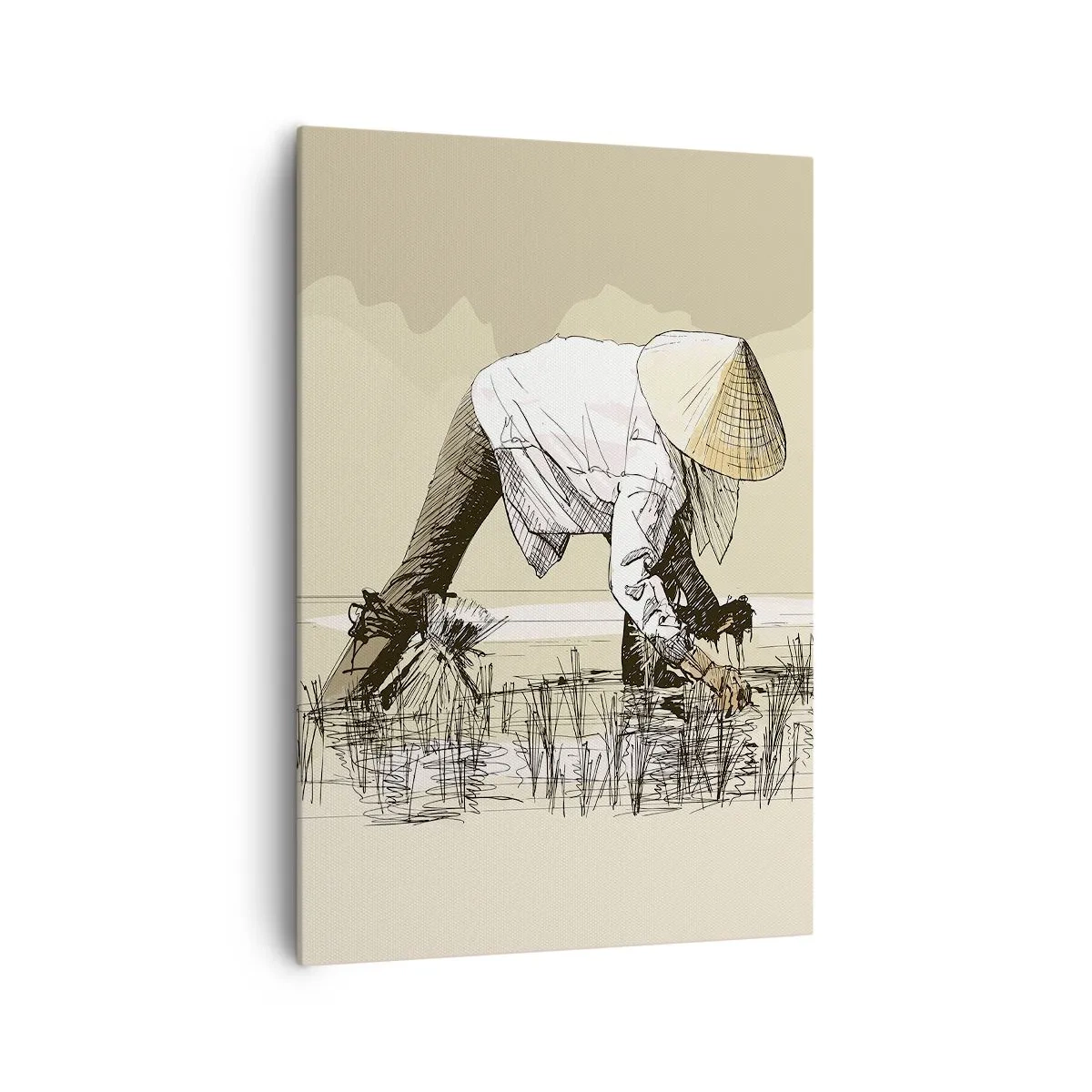 Impression sur toile - Image sur toile - Des agriculteurs travaillant dans une rizière portant des coiffures traditionnelles - 70x100cm - Récolte réussie - Décoration murale moderne pour le salon et la chambre ARTTOR