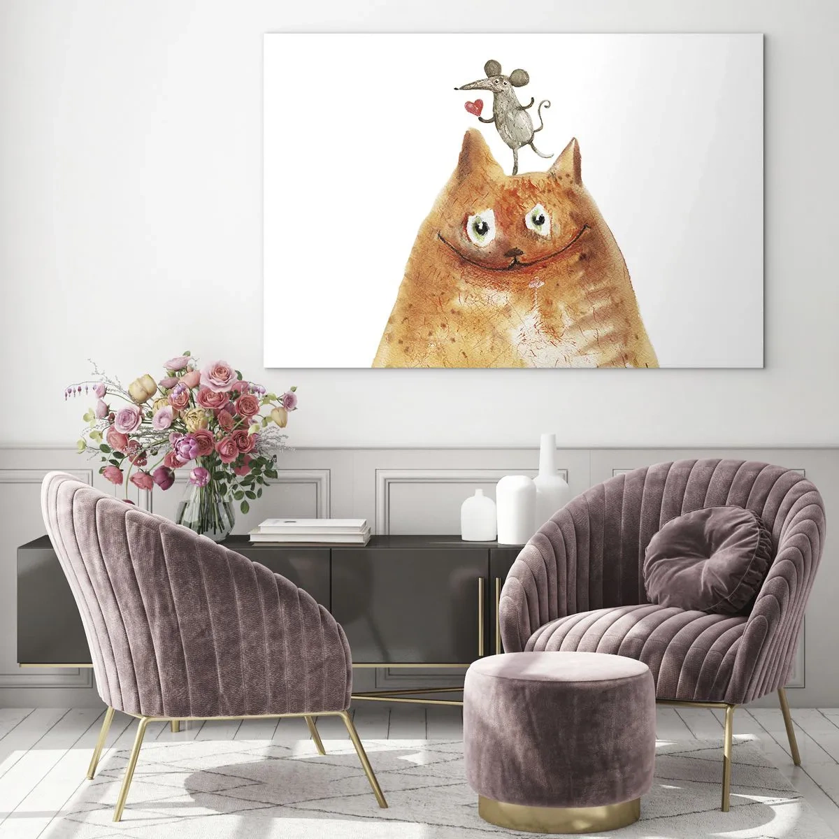 Impression sur verre - Image sur verre - Un chat avec une souris sur la tête dans un style humoristique - 100x70cm - Amour paradoxal - Décoration murale moderne pour le salon et la chambre ARTTOR