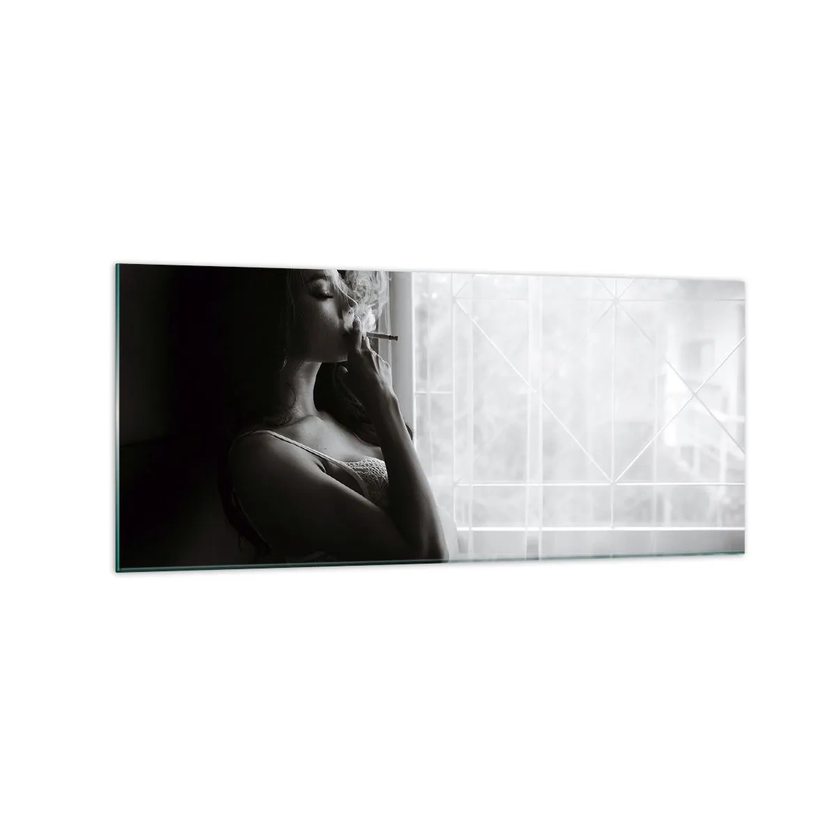 Impression sur verre - Image sur verre - Une femme dans une pose sensuelle sur une photographie en noir et blanc - 120x50cm - Vous sentez-vous libre ? - Décoration murale moderne pour le salon et la chambre ARTTOR
