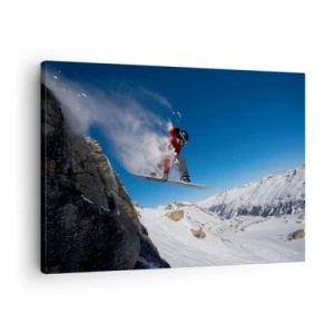 Impression sur toile - Image sur toile - Un snowboarder saute d'un rocher dans un paysage montagneux - 70x50cm - Et tu es devenu une partie de l'espace - Décoration murale moderne pour le salon et la chambre ARTTOR