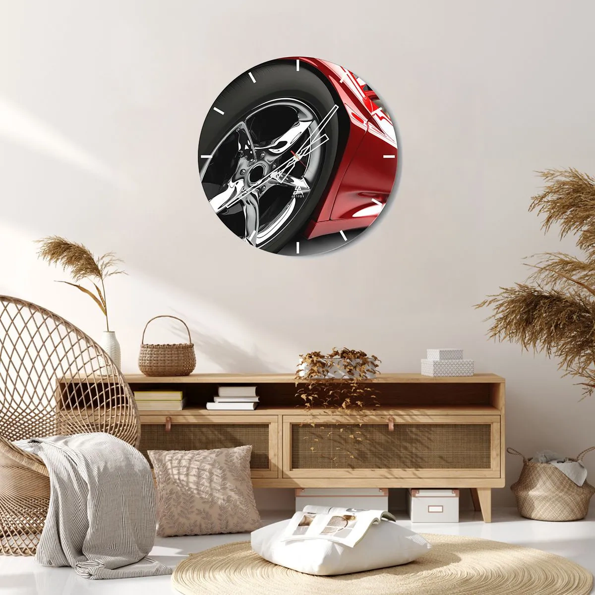 Horloge murale - Pendule murale - Gros plan des jantes chromées d'une voiture rouge - 30x30cm - Conçu pour la vitesse - Décoration murale moderne pour le salon, la cuisine et la chambre ARTTOR