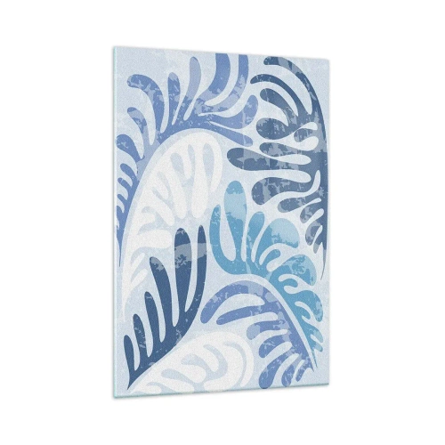 Impression sur verre - Image sur verre - Formes abstraites dans des tons de bleu sur fond blanc - 70x100cm - Fougères bleues - Décoration murale moderne pour le salon et la chambre ARTTOR