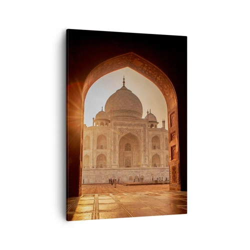 Impression sur toile - Image sur toile - Le Taj Mahal au soleil vu depuis l'arche de la porte - 50x70cm - Un monument à l'amour surnaturel - Décoration murale moderne pour le salon et la chambre ARTTOR