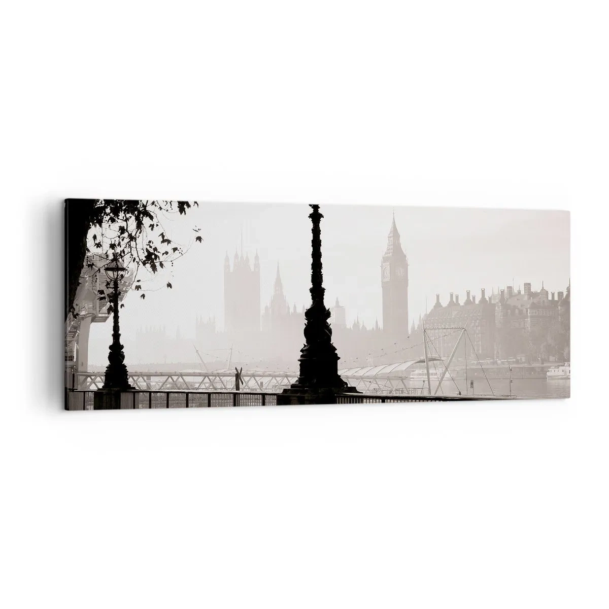 Impression sur toile - Image sur toile - Une vue monochrome de Big Ben et de la Tamise. - 140x50cm - Un matin londonien - Décoration murale moderne pour le salon et la chambre ARTTOR