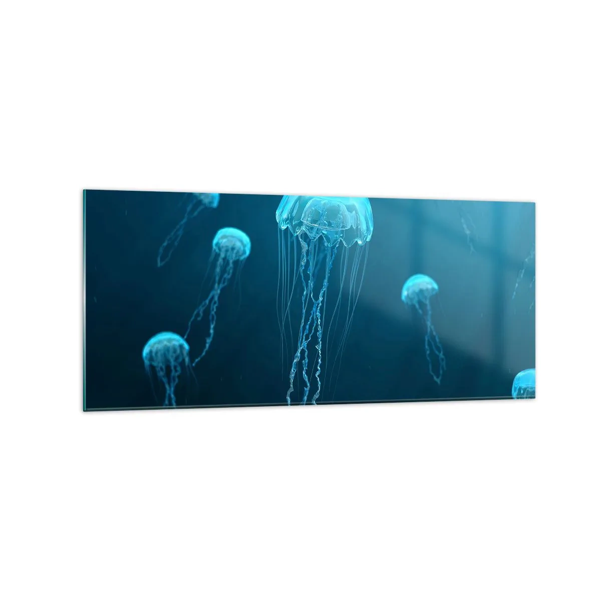 Impression sur verre - Image sur verre - Méduses flottant dans les profondeurs de l'océan dans des tons bleus - 120x50cm - Danse océanique - Décoration murale moderne pour le salon et la chambre ARTTOR