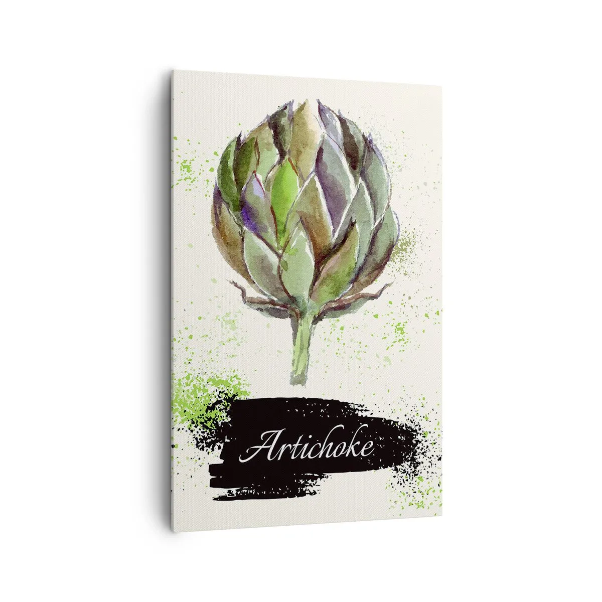 Impression sur toile - Image sur toile - Artichaut à l'aquarelle avec texte sur fond clair aux accents verts - 80x120cm - Vive les légumes! - Décoration murale moderne pour le salon et la chambre ARTTOR