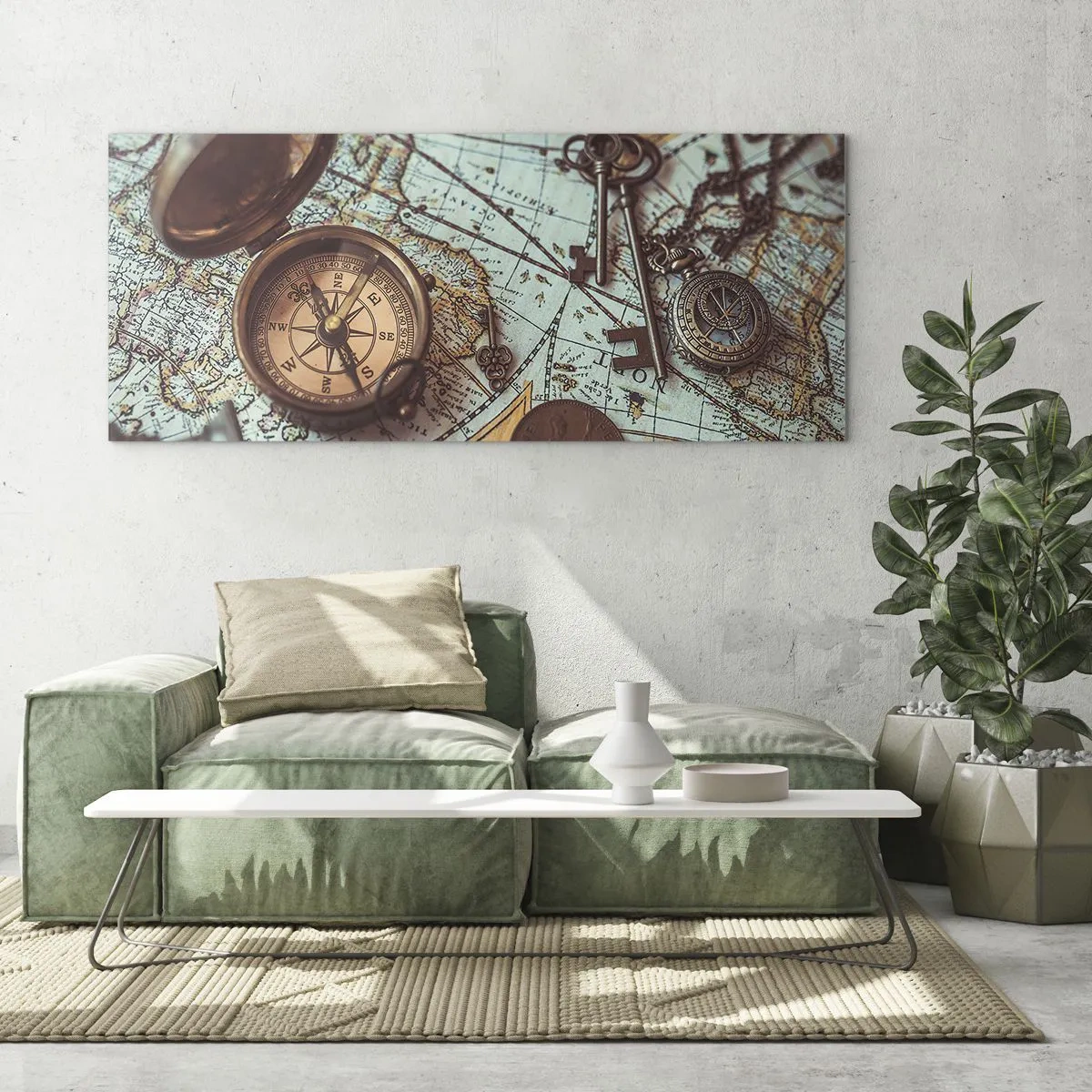 Impression sur verre - Image sur verre - Composition avec une boussole, des clés et une vieille carte dans un style rétro - 160x50cm - Pour ceux qui recherche l'aventure - Décoration murale moderne pour le salon et la chambre ARTTOR