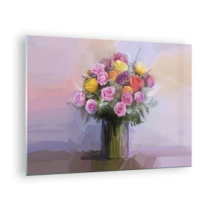 Impression sur verre - Image sur verre - Un bouquet de roses dans un vase en verre sur fond pastel - 70x50cm - Beauté conservée - Décoration murale moderne pour le salon et la chambre ARTTOR