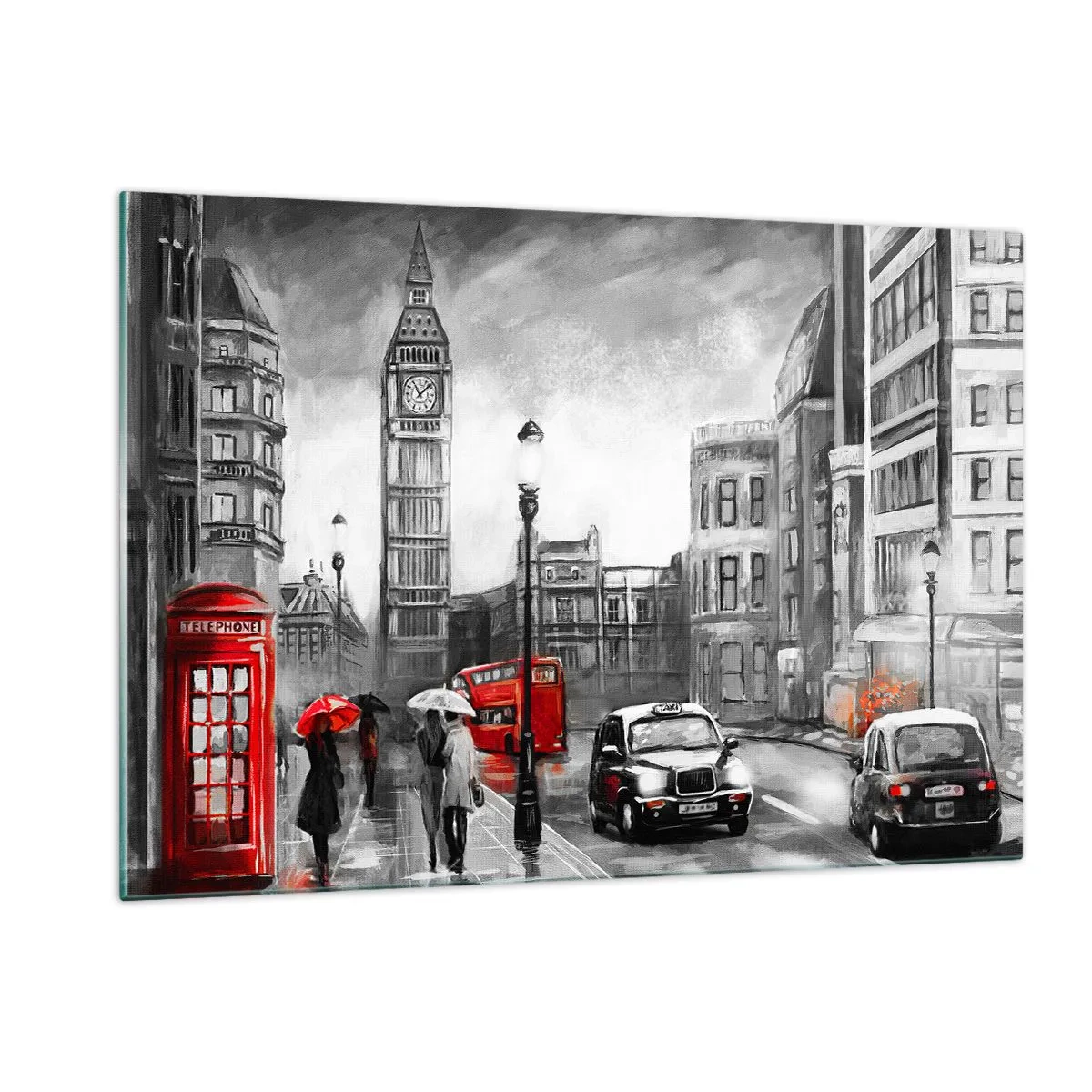 Impression sur verre - Image sur verre - Big Ben et les rues de Londres avec des accents rouges sur fond gris - 120x80cm - Pas du tout une ville grise - Décoration murale moderne pour le salon et la chambre ARTTOR