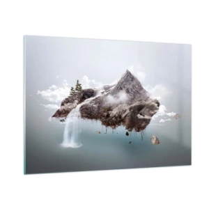 Impression sur verre - Image sur verre - Une île de montagne flottante avec une cascade dans un style surréaliste. - 100x70cm - L'oeil du surréaliste - Décoration murale moderne pour le salon et la chambre ARTTOR
