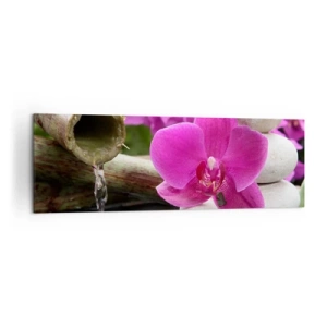Impression sur toile - Image sur toile - Orchidée violette, pierres et bambou avec de l'eau dans un cadre relaxant - 160x50cm - Tu te reposes déjà - Décoration murale moderne pour le salon et la chambre ARTTOR
