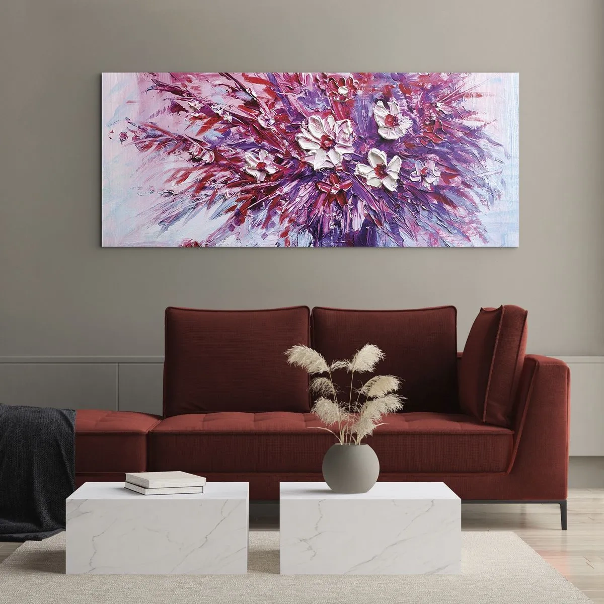 Impression sur verre - Image sur verre - Un bouquet de fleurs colorées dans des tons de rose et de violet - 140x50cm - Innocence et passion - Décoration murale moderne pour le salon et la chambre ARTTOR