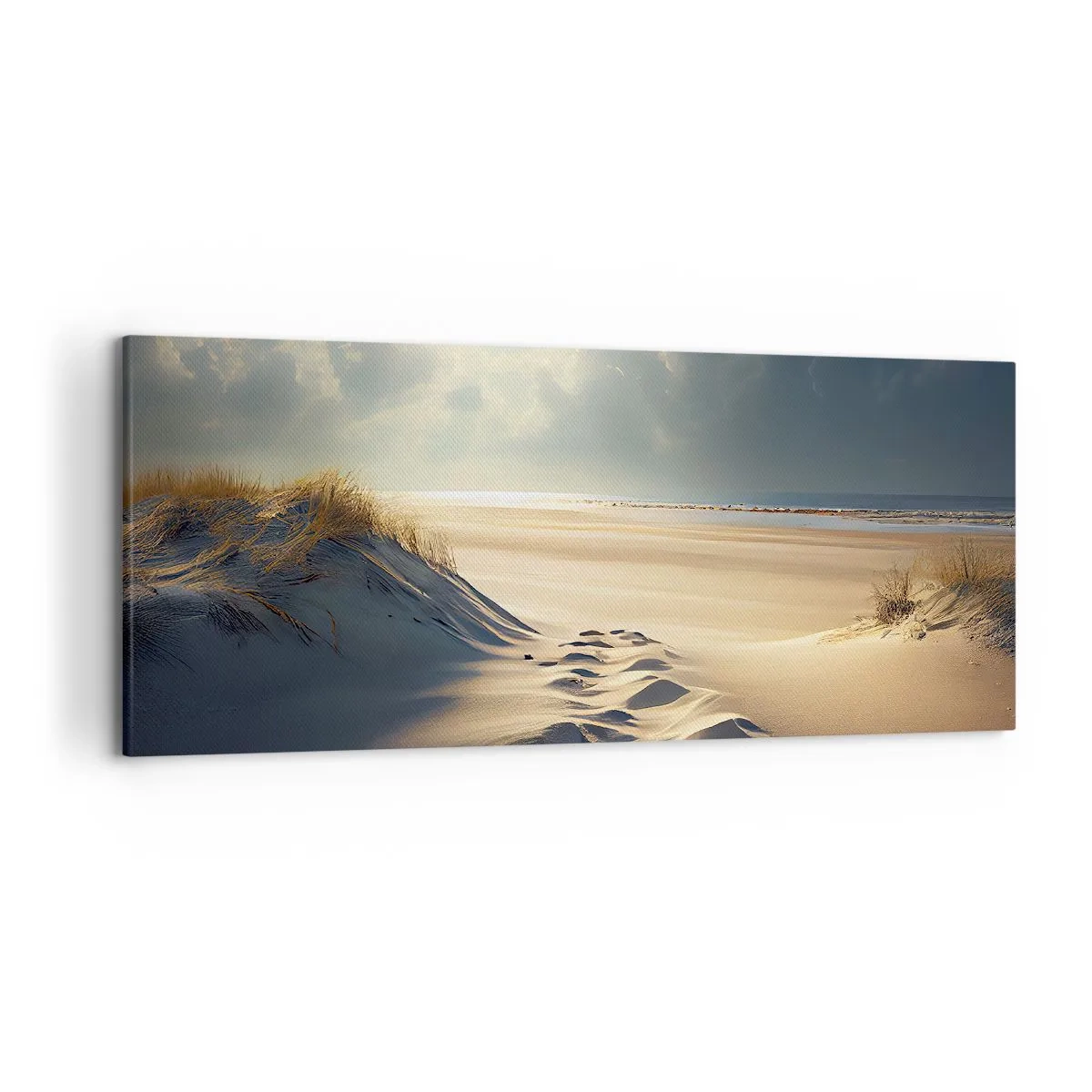 Impression sur toile - Image sur toile - Dunes dorées sur la plage au coucher du soleil avec vue sur la mer - 120x50cm - Un paysage apaisant - Décoration murale moderne pour le salon et la chambre ARTTOR