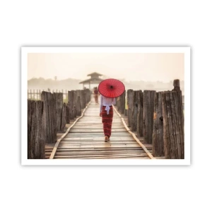 Affiche - Poster - Une femme avec un parapluie rouge sur un pont en bois - 100x70cm - Sur le vieux pont - Décoration murale moderne pour le salon et la chambre ARTTOR