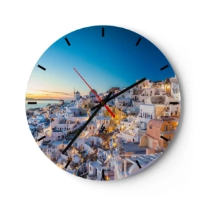 Horloge murale - Pendule murale - Vue nocturne d'un village grec pittoresque avec des maisons blanches - 30x30cm - L'essence de la grecque - Décoration murale moderne pour le salon, la cuisine et la chambre ARTTOR