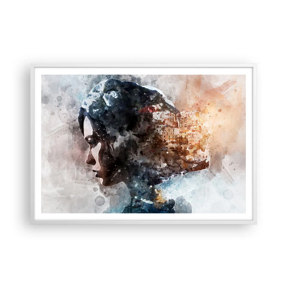 Affiche dans un cadre blanc - Poster - L'histoire d'une fille avec une ville en arrière-plan - 100x70 cm