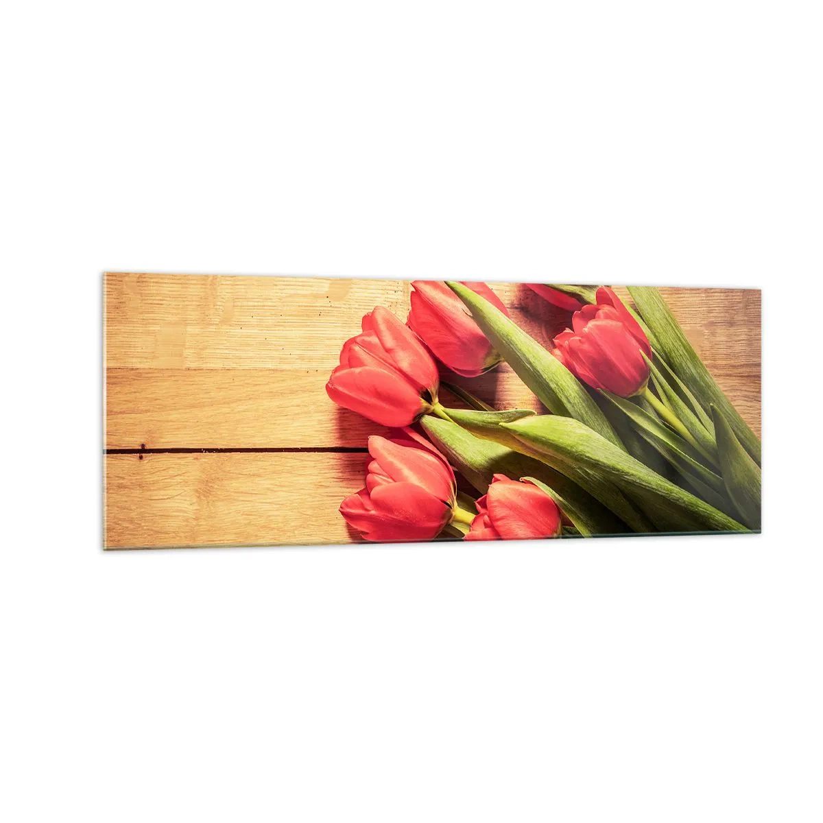 Impression sur verre - Image sur verre - Un bouquet de tulipes roses sur un fond en bois - 140x50cm - Défi du printemps - Décoration murale moderne pour le salon et la chambre ARTTOR