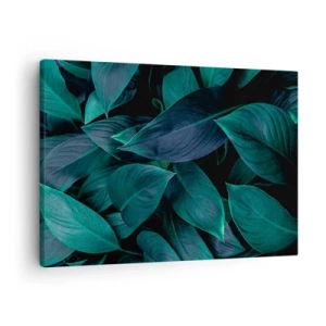 Impression sur toile - Image sur toile - Gros plan de feuilles vertes sur fond sombre - 70x50cm - le vert lui-même - Décoration murale moderne pour le salon et la chambre ARTTOR