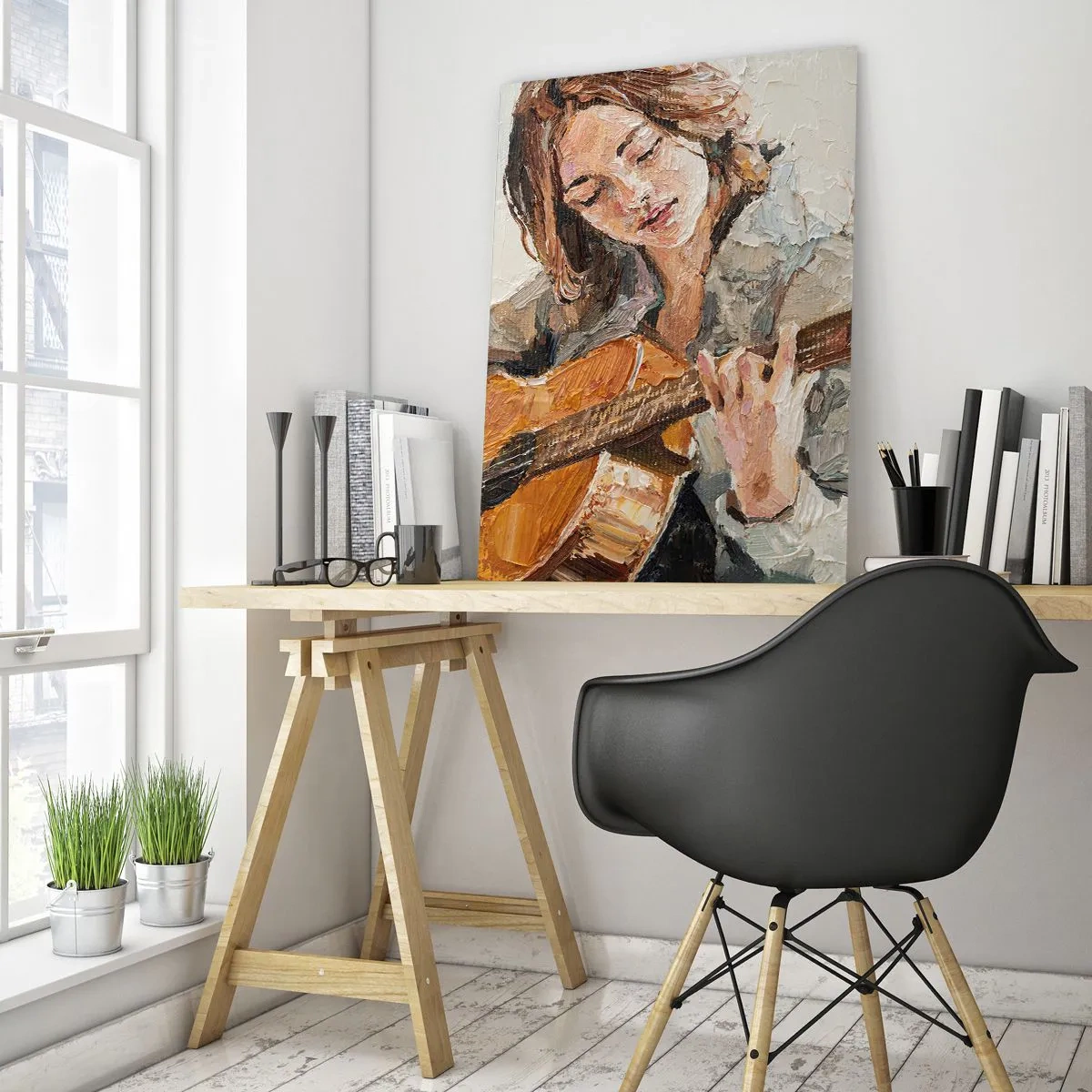Impression sur verre - Image sur verre - Portrait d'une fille jouant de la guitare dans un style pictural aux couleurs chaudes. - 70x100cm - Concerto pour guitare et coeur de fille - Décoration murale moderne pour le salon et la chambre ARTTOR