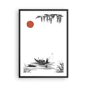 Affiche dans un cadre noir - Poster - Une peinture minimaliste d'un pêcheur dans un bateau avec un soleil rouge. - 50x70cm - Après-midi asiatique - Décoration murale moderne pour le salon et la chambre ARTTOR