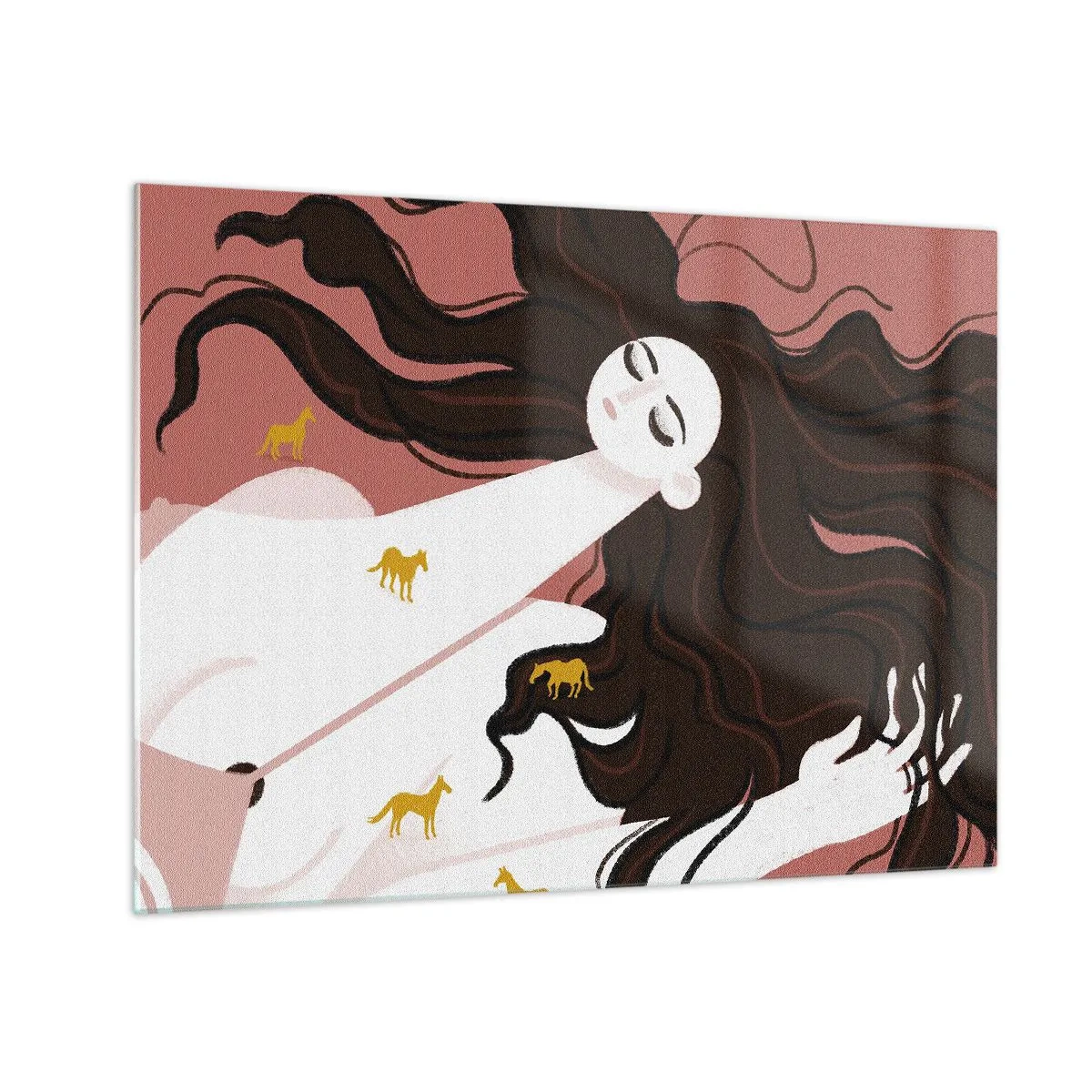 Impression sur verre - Image sur verre - Une femme aux cheveux longs et aux chevaux dorés sur fond rose. - 70x50cm - Rêve d'un cheval d'or - Décoration murale moderne pour le salon et la chambre ARTTOR