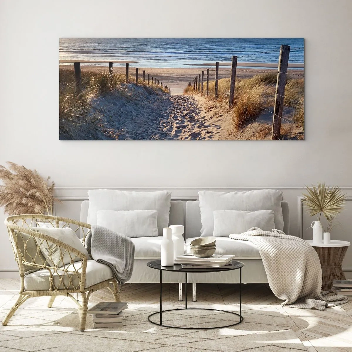 Impression sur verre - Image sur verre - Le bruit de la mer, le chant des oiseaux, une plage sauvage parmi les herbes… - 100x40 cm