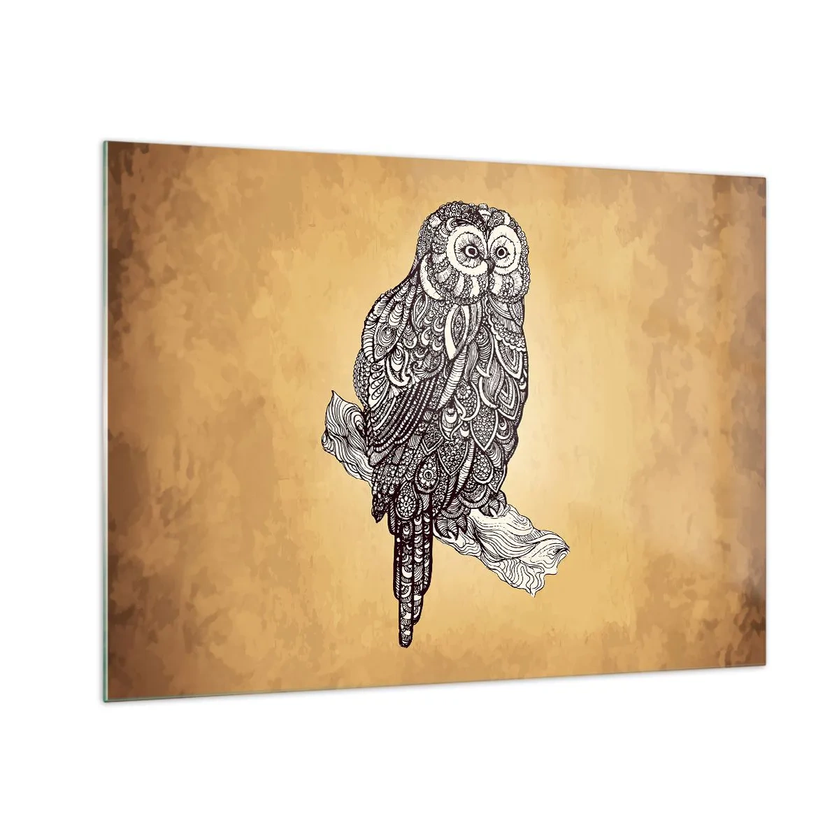 Impression sur verre - Image sur verre - Chouette de style ornemental sur fond sépia - 70x50cm - Ornements complexes de sagesse - Décoration murale moderne pour le salon et la chambre ARTTOR