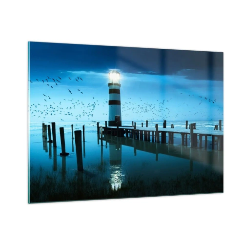 Impression sur verre - Image sur verre - Un phare entouré d'eau calme et d'oiseaux - 100x70cm - Et tu n'as pas peur du noir - Décoration murale moderne pour le salon et la chambre ARTTOR