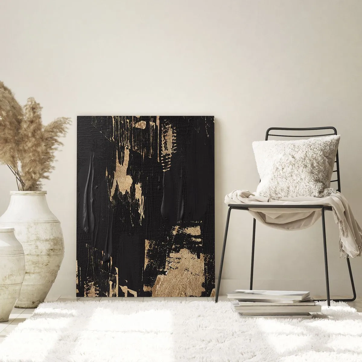 Impression sur verre - Image sur verre - Abstraction noire et dorée avec une texture semblable à un coup de pinceau - 50x70cm - Empreinte du toucher - Décoration murale moderne pour le salon et la chambre ARTTOR