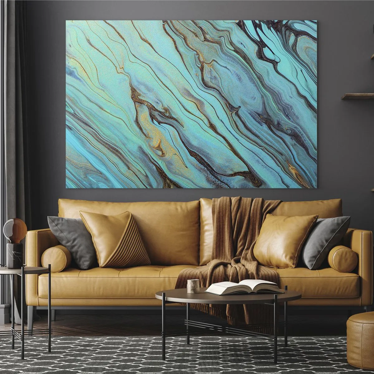 Impression sur verre - Image sur verre - Des stries abstraites en turquoise et or - 70x50cm - Marée turquoise - Décoration murale moderne pour le salon et la chambre ARTTOR