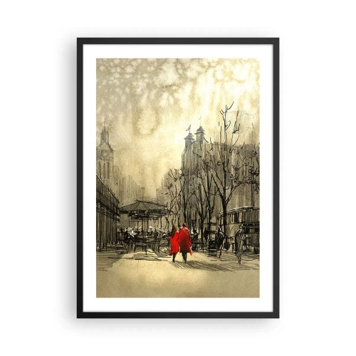 Affiche dans un cadre noir - Poster - Une silhouette en manteau rouge sur fond de ville hivernale - 50x70cm - Rendez-vous dans le brouillard de Londres - Décoration murale moderne pour le salon et la chambre ARTTOR