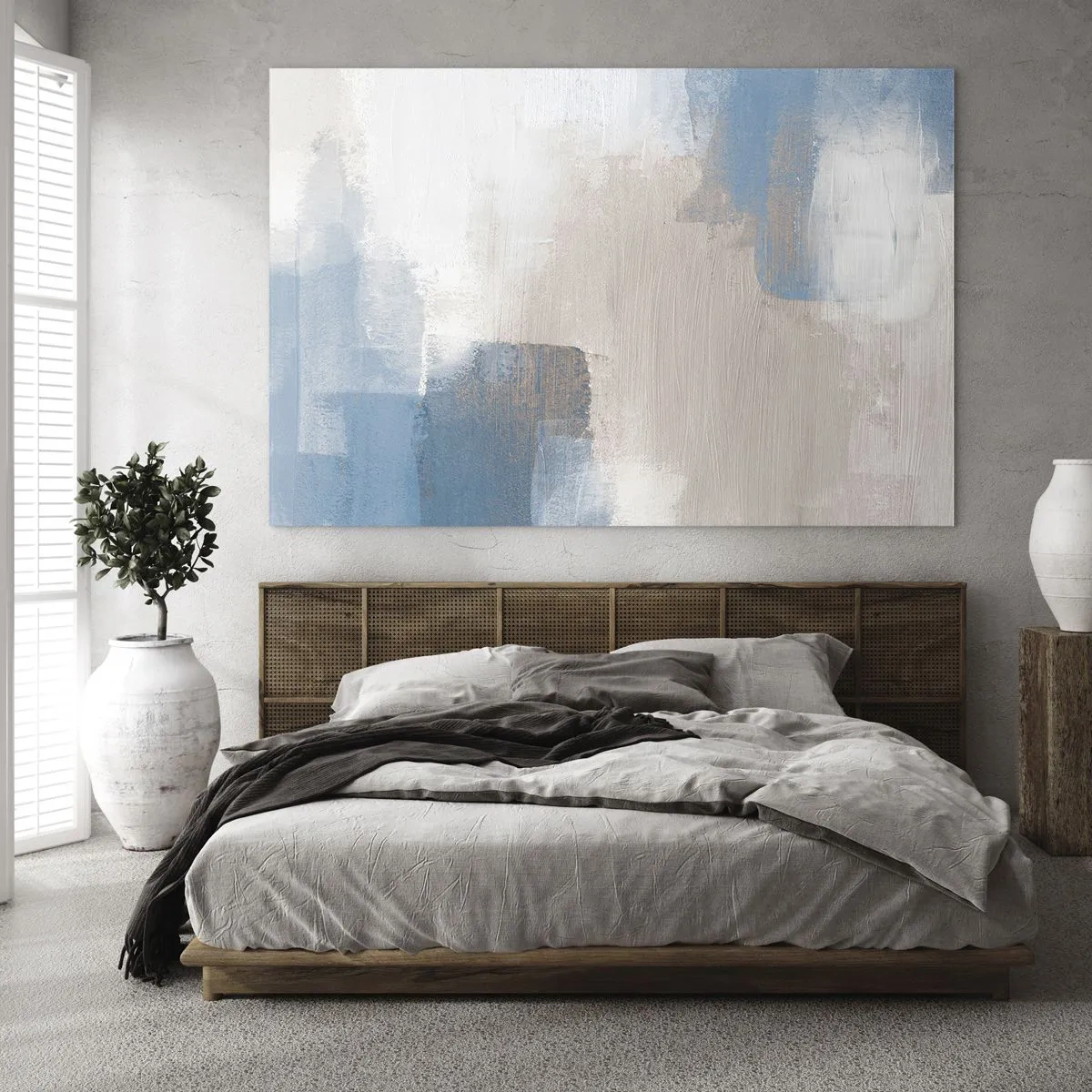 Impression sur verre - Image sur verre - Abstraction beige et bleue aux couleurs pastel - 120x80cm - Abstraction rose derrière un rideau de bleu - Décoration murale moderne pour le salon et la chambre ARTTOR