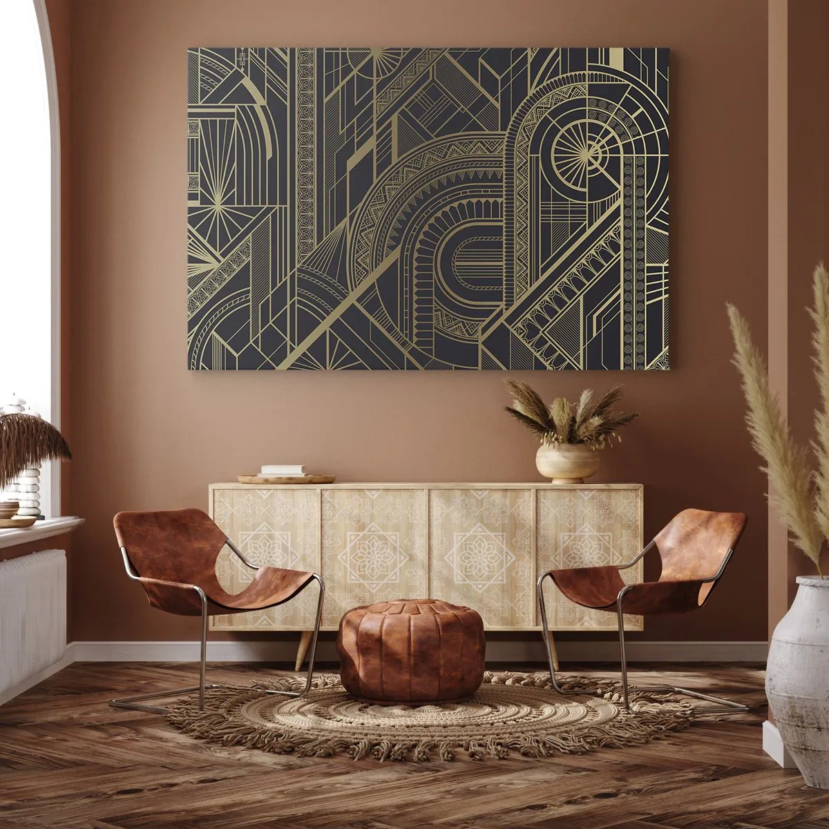 Impression sur toile - Image sur toile - Motifs géométriques dorés sur fond noir dans le style Art Déco - 70x50cm - Concept, idée, plan - Décoration murale moderne pour le salon et la chambre ARTTOR
