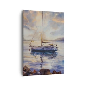 Impression sur toile - Image sur toile - Un yacht sur une mer calme au coucher du soleil - 50x70cm - Soirée sur la baie - Décoration murale moderne pour le salon et la chambre ARTTOR